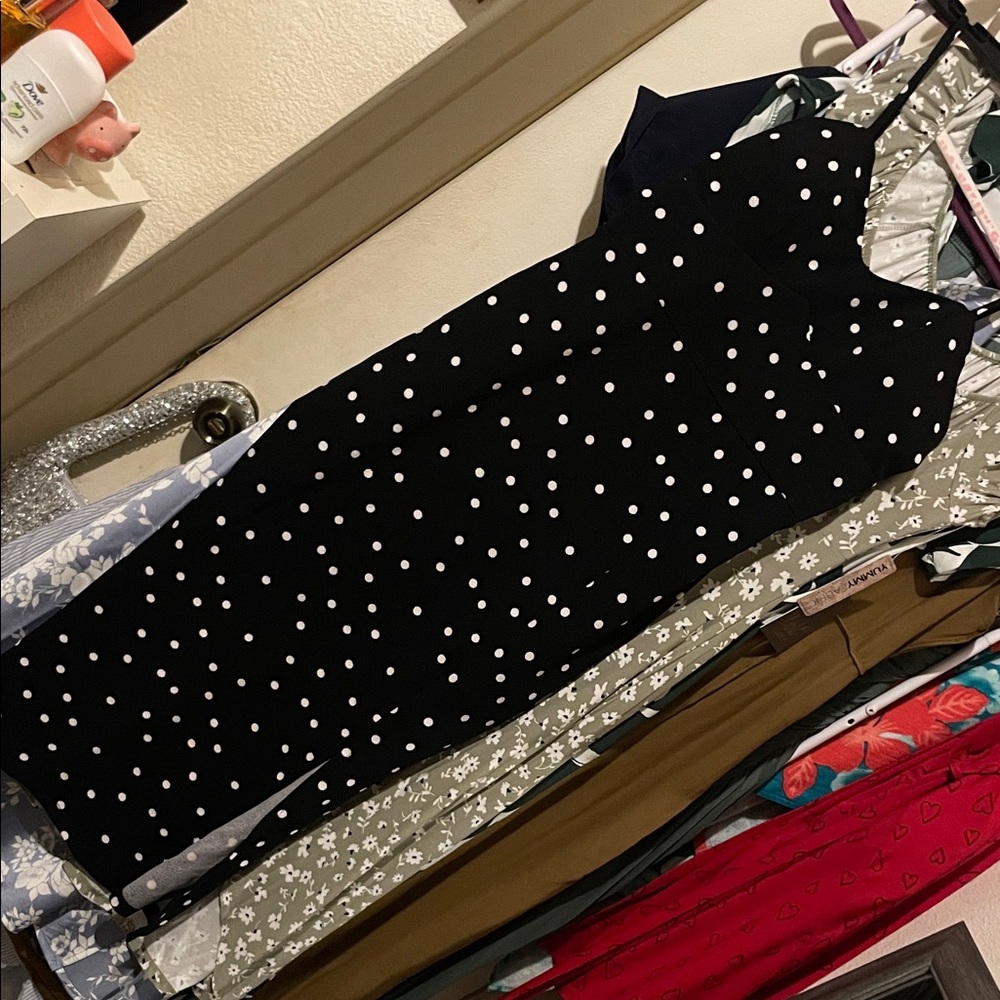 Black and White Polka Dot Midi Dress with Spaghetti Straps